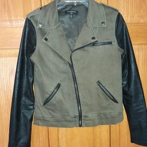 Army green jacket with leather sleeves